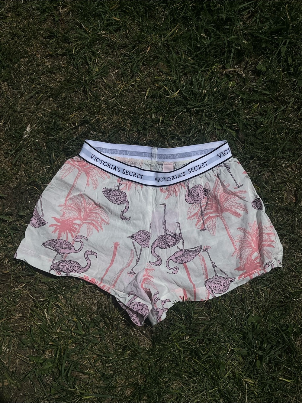 Victoria's Secret White Flamingo Print Athletic Sleep Shorts